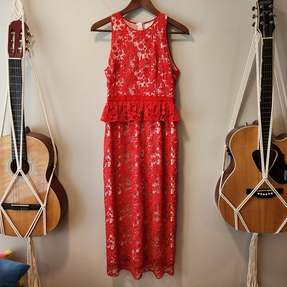 Si-jay Dresses & Skirts - Si-jay Peplum Lace Sheath Cocktail Dress in Blood Orange